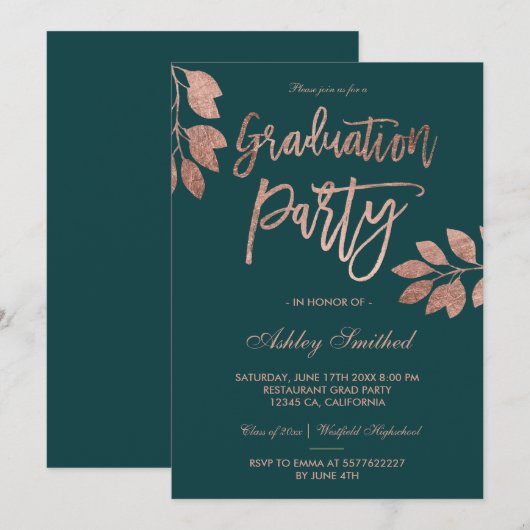 Invitation Rose Gold typographie feuille verte fête de gradua (Devant / Derrière)