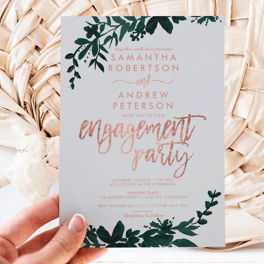 Invitation Rose gold typographie Floral gris engagement