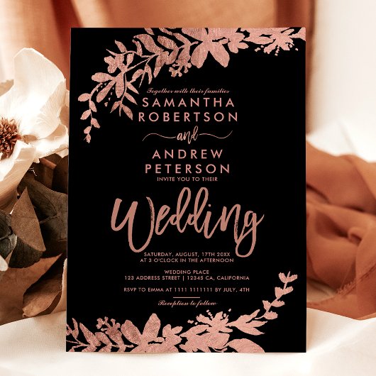 Invitation Rose Gold typographie florale noir chic mariage