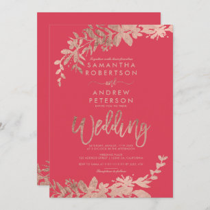 Invitation Rose Gold typographie florale rouge rose mariage