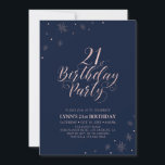 Invitation Rose Gold | Typographie Moderne Fête d'anniversair<br><div class="desc">Célébrons ce 21e anniversaire avec cette invitation de fête élégante. Ce design présente une typographie chic en or rose sur le devant et des graphiques scintillants avec une photo au verso. Remplacez la photo d'exemple par la vôtre ou supprimez-la si vous ne la souhaitez pas. La couleur de fond est...</div>