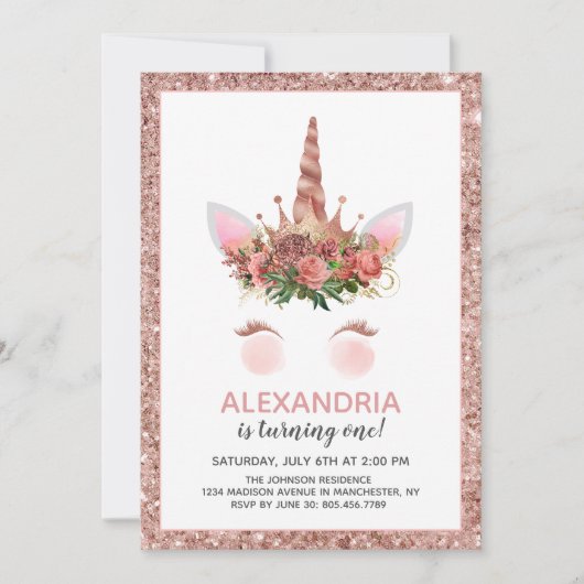 Invitation Rose Gold Unicorn Princess Anniversaire (Devant)