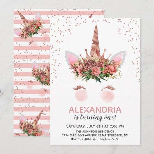 Invitation Rose Gold Unicorn Princess Anniversaire (Devant / Derrière)