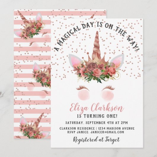 Invitation Rose Gold Unicorn Princess Anniversaire (Devant / Derrière)