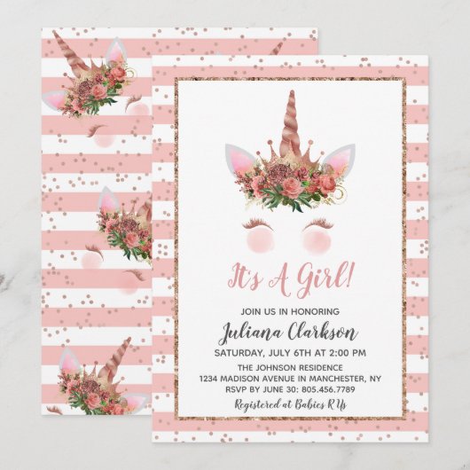 Invitation Rose Gold Unicorn Princess Baby shower (Devant / Derrière)
