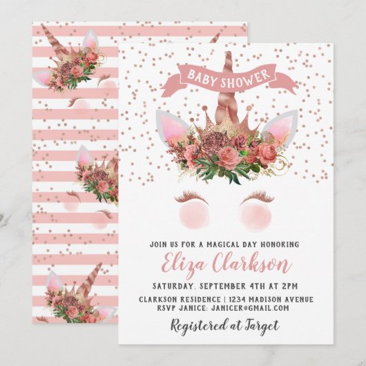 Invitation Rose Gold Unicorn Princess Baby shower (Devant / Derrière)