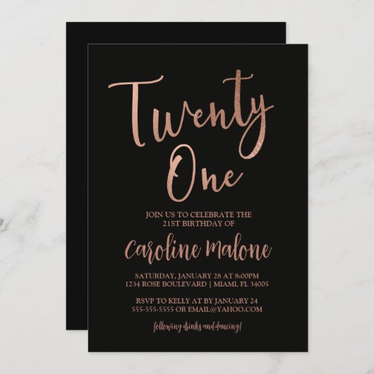 Invitation Rose Gold Vingt et un appel d'anniversaire (Devant / Derrière)