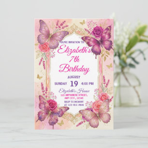 Invitation Rose gold violet élégant papillon fille anniversai