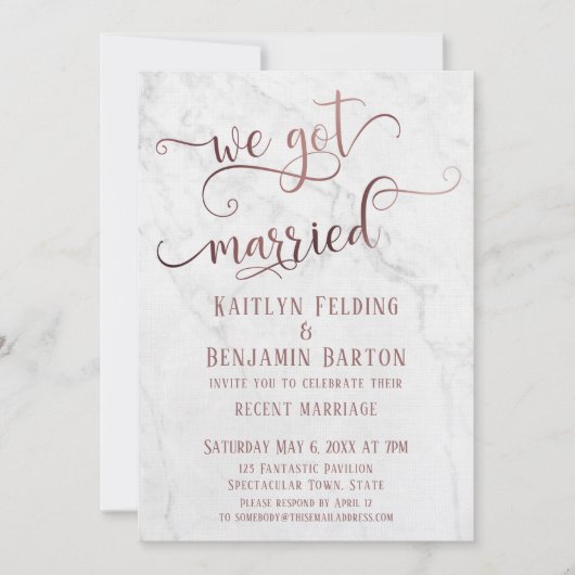 Invitation Rose Gold "We Got Married" Typographie avec Marbre (Devant)