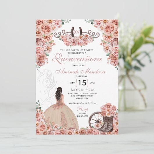 Invitation Rose Gold Western Charra Floral Boots Quinceañera (Debout devant)