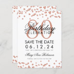 Invitation Rose Gold White 80th Birthday Save Date Confetti<br><div class="desc">Elégant design "80e anniversaire fête" avec Rose Gold Faux Parties scintillant Confetti White et nom personnalisé et texte de détails. Facile à utiliser et facile à personnaliser. Commandez aujourd'hui !</div>