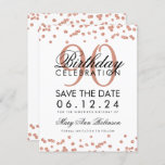 Invitation Rose Gold White 90th Birthday Save Date Confetti<br><div class="desc">Elégant design "90e anniversaire fête" avec Rose Gold Faux Parties scintillant Confetti White et nom personnalisé et texte de détails. Facile à utiliser et facile à personnaliser. Commandez aujourd'hui !</div>