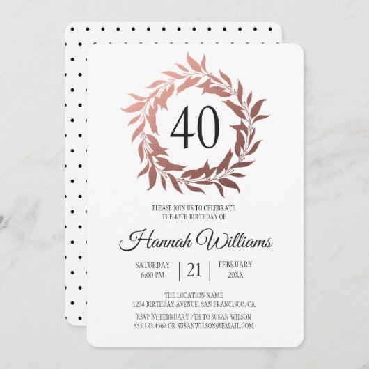Invitation Rose Gold Wreath 40e fête d'anniversaire (Devant / Derrière)