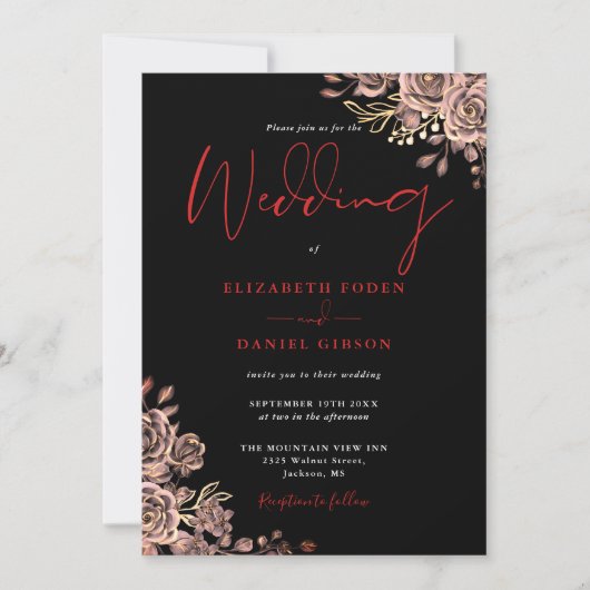 Invitation Rose gothique Floral Noir et Mariage rouge (Devant)