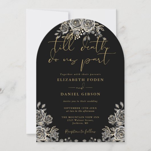 Invitation Rose gothique Noir et Or Mariage Arc Floral (Devant)