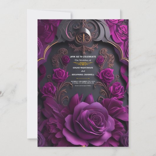 Invitation Rose gothique noir violet Mariage d'Halloween (Devant)
