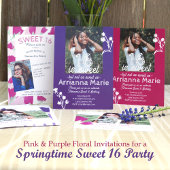 Invitation Rose gras, Fleurs blanches doux 16 Anniversaire