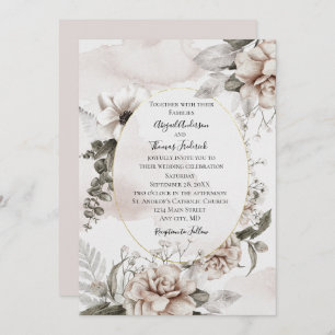 Invitation Rose Grey Floral Botanique Élégant Mariage officie