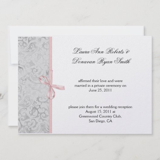 Invitation Rose Gris Blanc Damask Après-Mariage (Devant)