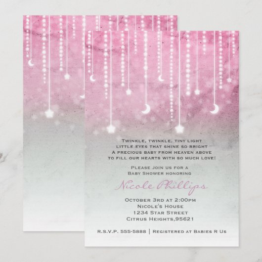 Invitation Rose Gris Blanc Lune & Étoiles Baby shower céleste (Devant / Derrière)