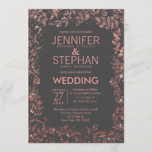 Invitation Rose gris charbon or Floral Parties scintillant Ma