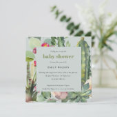 INVITATION ROSE GRIS DÉSERT FLORAL CACTI BABY SHOWER FOLIAGE (Debout devant)