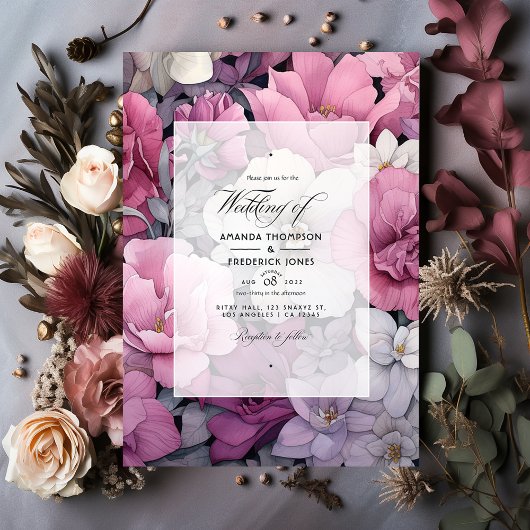 Invitation Rose, gris et Mariage floral argenté