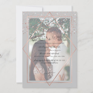 Invitation Rose gris Gold Confetti Frontière Photo Fiançaille