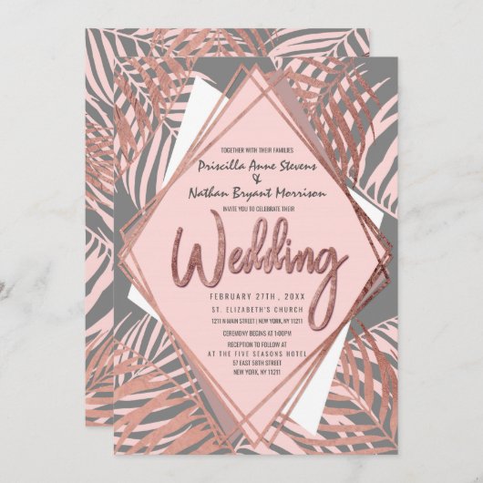 Invitation Rose gris Gold Tropical Palm Tree Feuilles Mariage (Devant / Derrière)