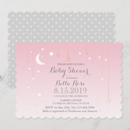 Invitation Rose Gris Lune Étoiles Fille Baby shower Invitatio (Devant / Derrière)