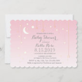 Invitation Rose Gris Lune Étoiles Fille Baby shower Invitatio (Devant)