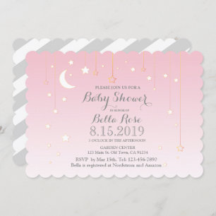 Invitation Rose Gris Lune Étoiles Fille Baby shower Invitatio