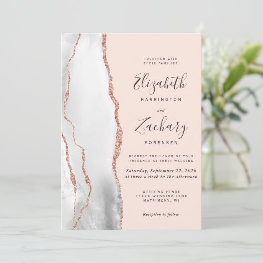 Invitation Rose gris moderne Gold Blush Mariage (Debout devant)