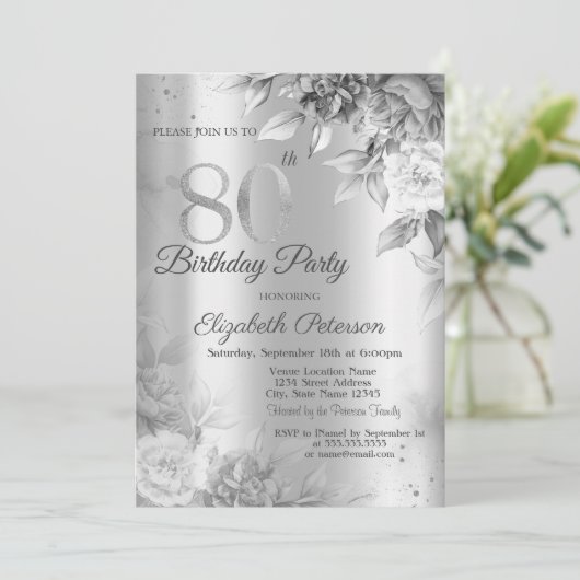 Invitation Rose gris Silver 80e fête d'anniversaire (Debout devant)