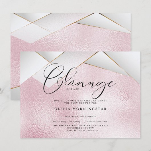 Invitation Rose Guimauve Perles Facettes Report de la Fête Pr (Devant / Derrière)