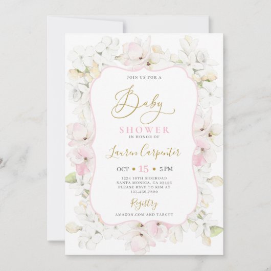 Invitation Rose Hydrangea Baby shower fille (Devant)