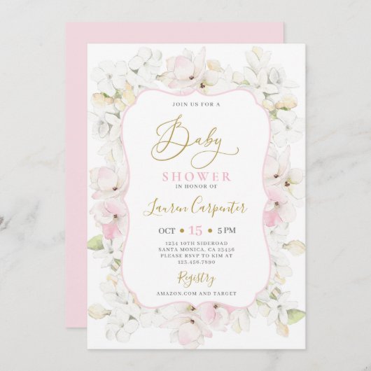 Invitation Rose Hydrangea Baby shower fille (Devant / Derrière)