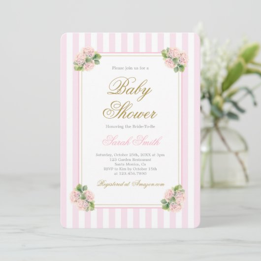 Invitation Rose Hydrangea Baby shower fille (Debout devant)