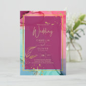 Invitation ROSE intense Turquoise OR OR MARIAGE Encre d'alcoo (Debout devant)