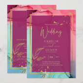 Invitation ROSE intense Turquoise OR OR MARIAGE Encre d'alcoo (Devant / Derrière)