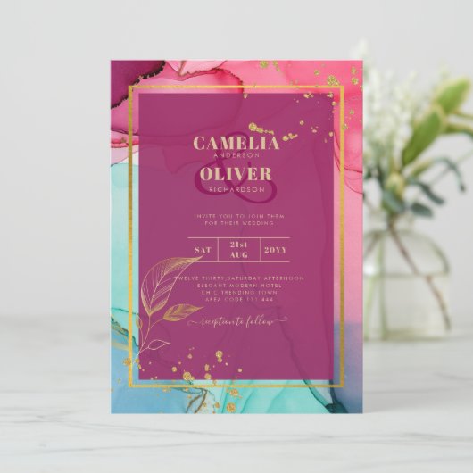 Invitation ROSE intense Turquoise OR OR MARIAGE Encre d'alcoo (Debout devant)