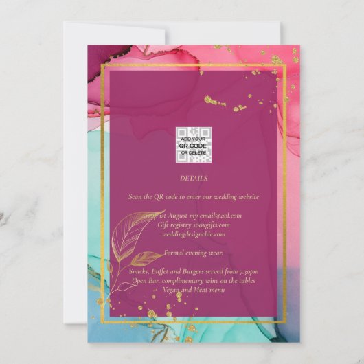 Invitation ROSE intense Turquoise OR OR MARIAGE Encre d'alcoo (Dos)