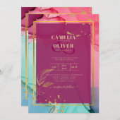 Invitation ROSE intense Turquoise OR OR MARIAGE Encre d'alcoo (Devant / Derrière)