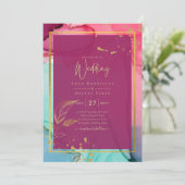 Invitation ROSE intense Turquoise OR OR MARIAGE Encre d'alcoo (Debout devant)