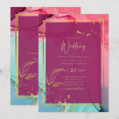 Invitation ROSE intense Turquoise OR OR MARIAGE Encre d'alcoo (Devant / Derrière)