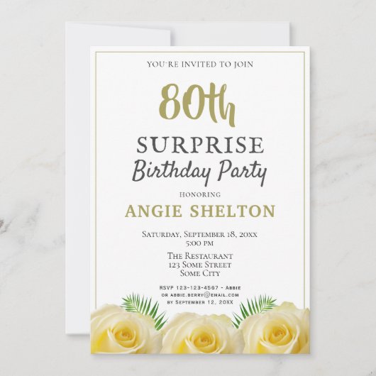 Invitation Rose jaune 80e fête d'anniversaire surprise (Devant)