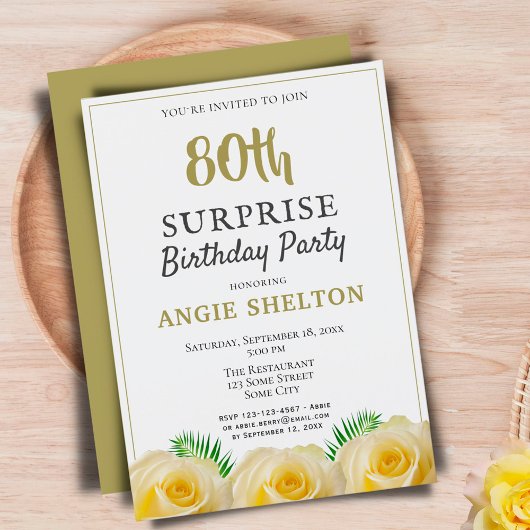 Invitation Rose jaune 80e fête d'anniversaire surprise