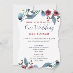 Invitation Rose, Jaune, Aquarelle Bleue Florale Notre Mariage