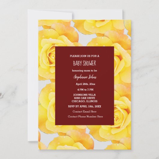 Invitation Rose Jaune Baby shower Floral Fille Bourgogne Roug (Devant)