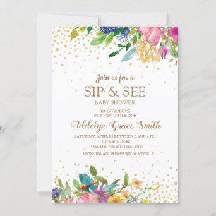 Invitation Rose Jaune Bleu Floral Pailleté Or Sip See